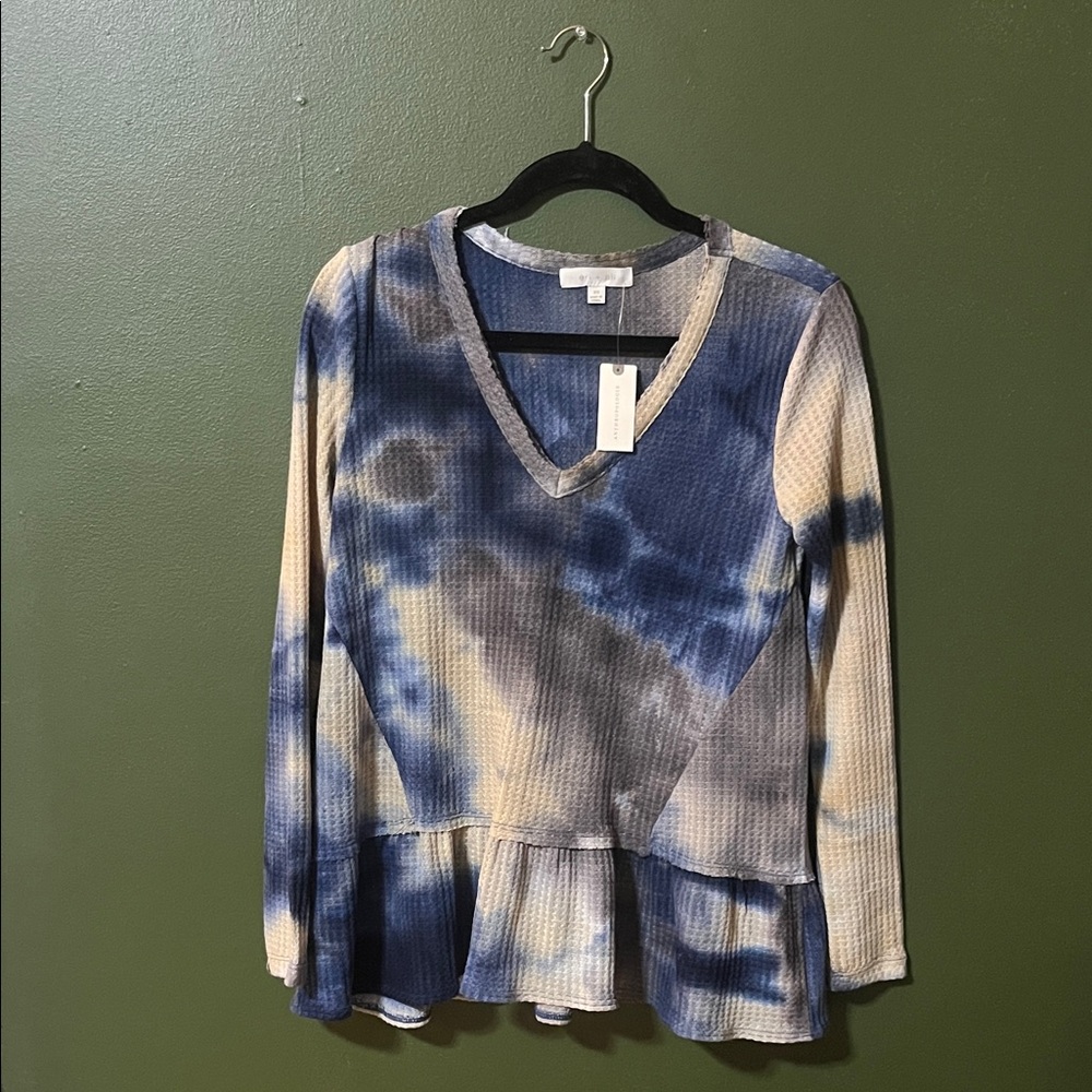 Anthropologie Blue and Cream Tie-Dye Long Sleeve Top